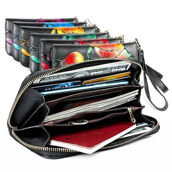 

wallets large capacity multifunction long peacock wallet rfid genuine leather women's flower purses for women, Red;black
