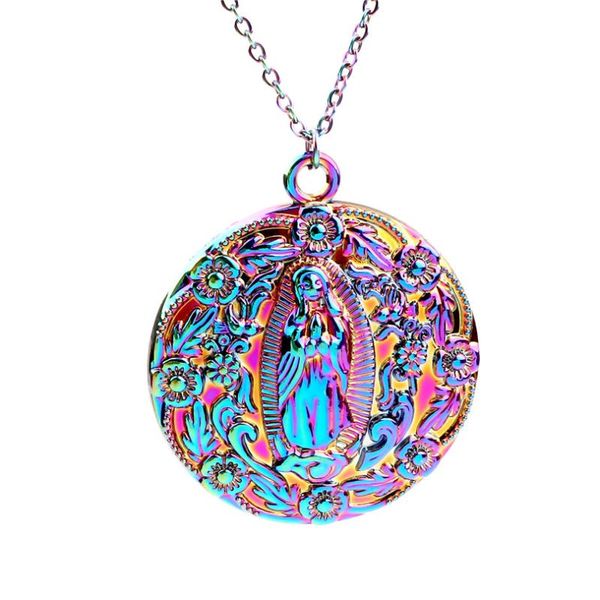 

alloy rainbow color round virgin mary pendant necklace religion choker charms 50cm stainless steel chain diy handmade jewelry necklaces, Silver