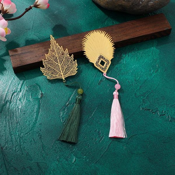 

bookmark brass hollow leaf retro feather tassel pendant creative antique maple bookmarks for books folder gifts office supplies