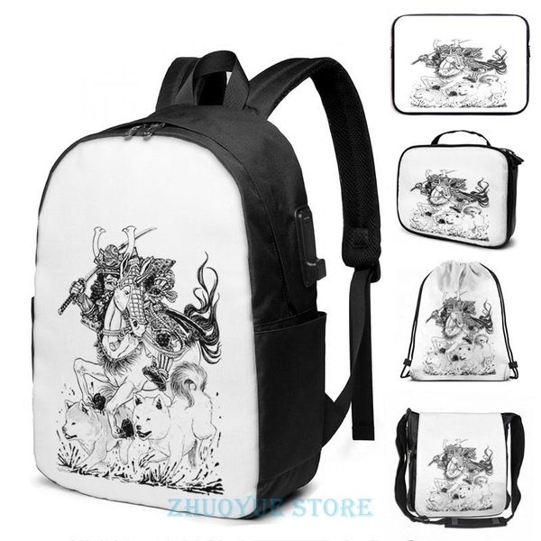 

backpack funny graphic print samurai with akitas usb charge men school bags women bag travel laptop
