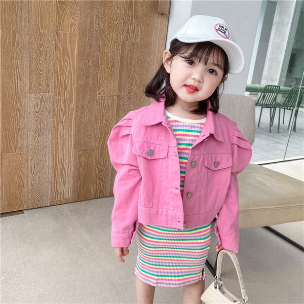 

stylish kids baby girls denim jacket puff long sleeve solid color pocket spring autumn outfits children clothes, Blue;gray