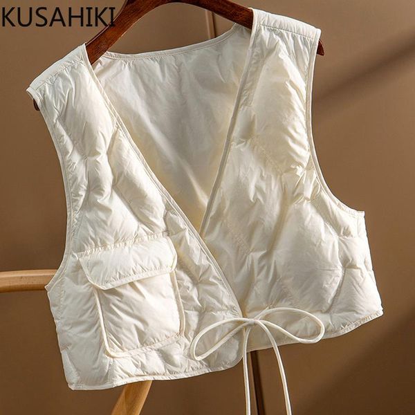 

women's vests kusahiki 2021 autumn winter sweet bow tie women vest causal sleeveless v-neck coat fashion solid short korean 6n306, Black;white