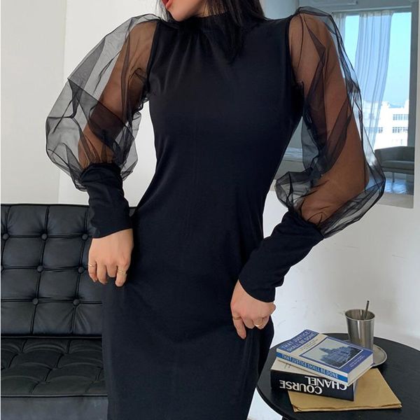 

casual dresses xuxi high waist dress, women net yarn splicing ankle-length skirt, puff sleeve slim was thin, long hip e3869, Black;gray