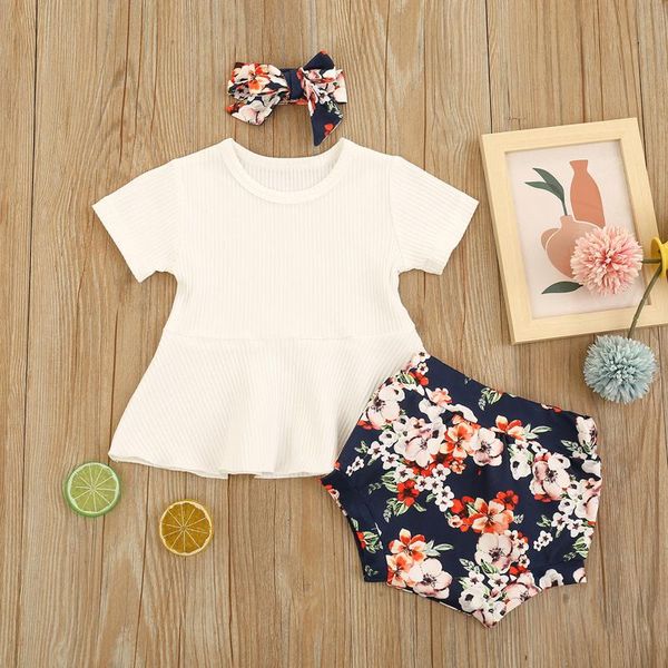 

clothing sets 0-24m toddler born baby girls solid color ribbing short sleeve t-shirt flower shorts headband 3pcs summer outfits, White