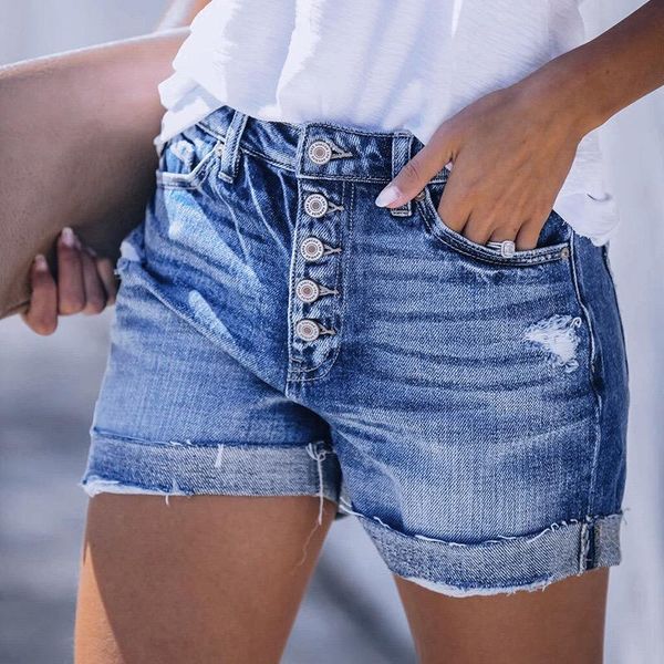 

women's jeans summer ripped are thin elastic washed casual mid-waist pants denim all-match shorts ws49, Blue
