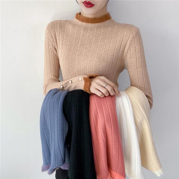 

winter thick sweater women knitted ribbed pullover fake fur spliced mock neck button slim jumper soft warm pull femme women's sweaters, White;black