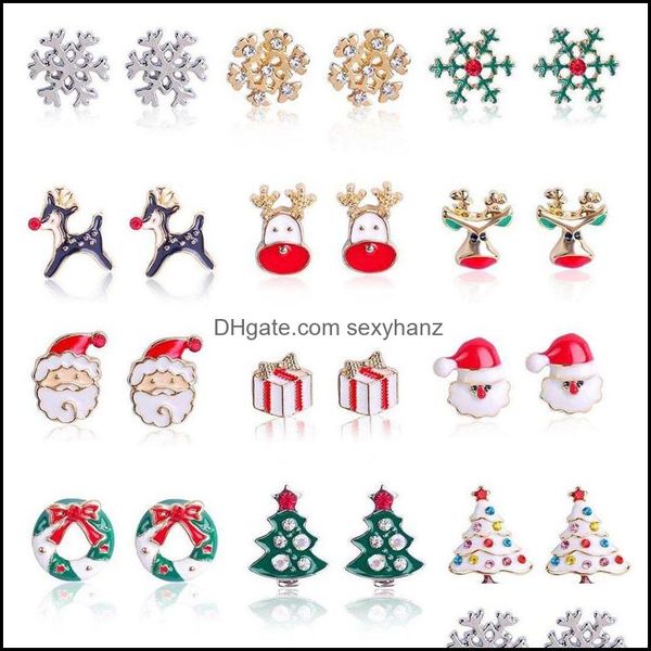 Stud Küpe Takı Mücevherleri Noel Kadın Kulak Saplamalar Kristal Kaplamalı Kaplama Altın Moda Alaşım Kar Tanesi Geyik Ağacı Küpe 28my J2B Drop Deli