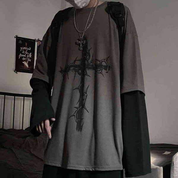 

men's women's long sved t-shirts, gothic shopping center , japane and korean street cloth, vulgar athetic cloth, White