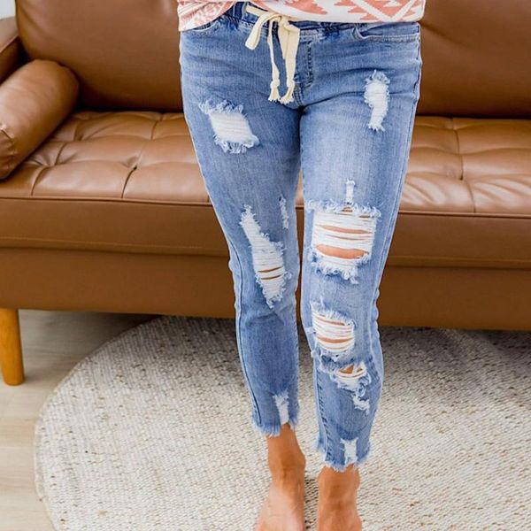

women's jeans womens ripped destroyed high waist stretch skinny denim pants retro washed elastic slim pencil trousers, Blue