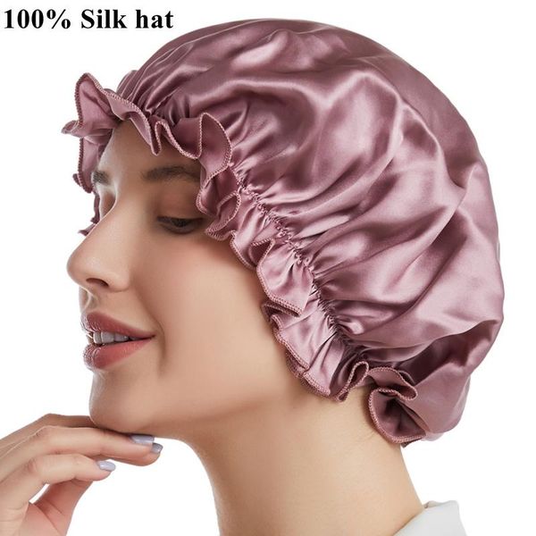 

100% pure silk night hat female mulberry confinement maternity real round hair care large size cap bonnets shower caps