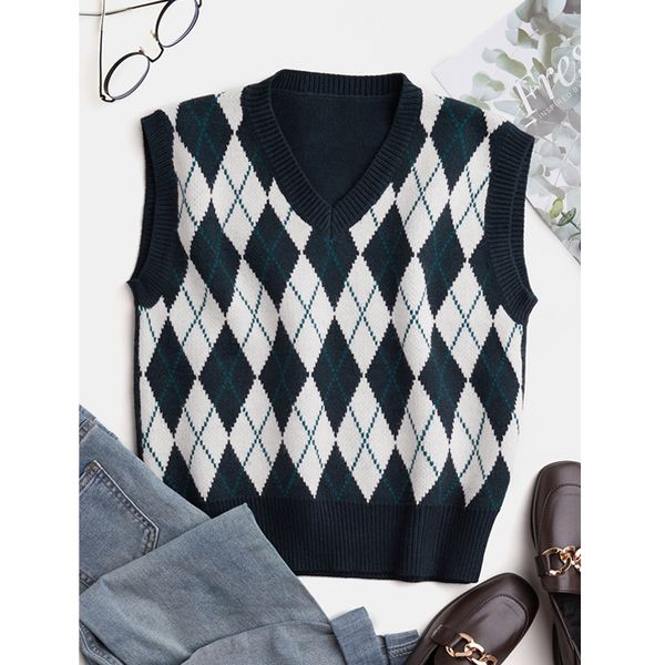 

2021 autumn contrast lingge vest sweater women's loose sleeveless v-neck knitted, White;black