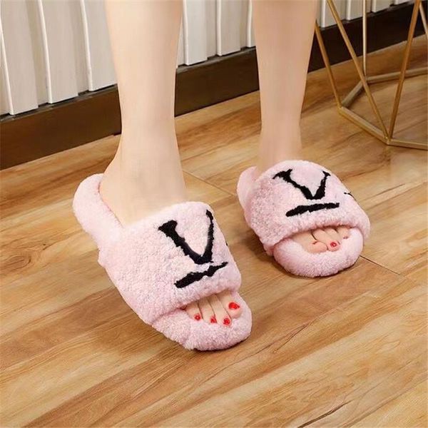

slippers 2021 brand ladies fur wool designer indoor plush slides flat shoes can be customized, Black