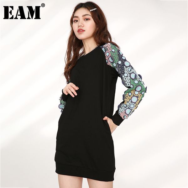 

[eam] women black three-dimensional patch dress round neck long sleeve loose fit fashion spring autumn jh33201 21512, Black;gray