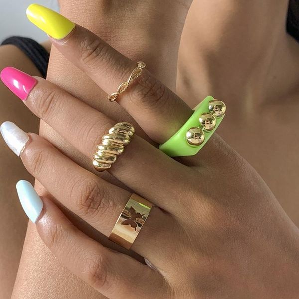 

cluster rings cosysail 4pcs/set ins green resin acrylic ring set for female girl 2021 trendy y2k geometric irregular couple jewelry gift, Golden;silver