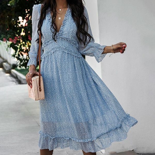 

casual dresses ruffles beach boho vintage dress for women v-neck printed midi party vestidos, Black;gray