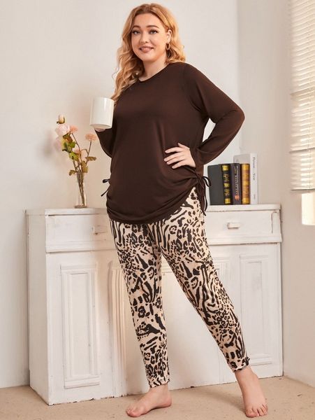 

plus tie side tee & graphic print pants pj set d440#, Black;white