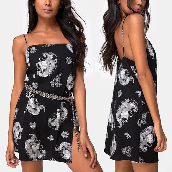 

casual dresses women's chinese dragon printed sleeveless cheongsam sling sheath steam strapeless mini split dress night club hip robe, Black;gray