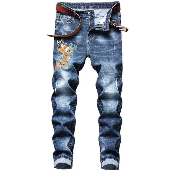 

men's denim jeans pants slim fit embroidery dragon male blue trousers