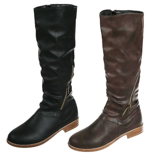 

women casual round toe side zip up plus size mid-calf long boots autumn winter, Black