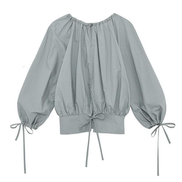 

[eam] women blue black slit bow strap pleated t-shirt round neck lantern sleeve fashion tide spring autumn 2021 1dd6888 women's 4x18