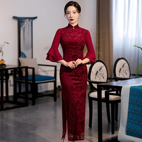 

ethnic clothing flower lady velour party dress gown high split qipao burgundy flare sleeve cheongsam chinese mandarin collar long vesti, Red