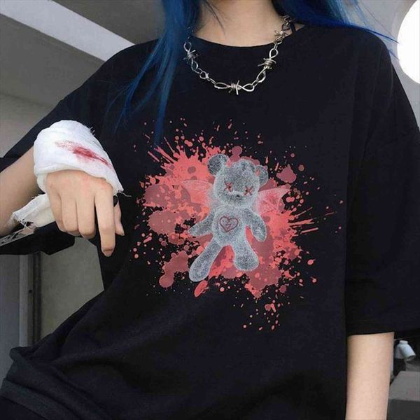 

gothic halloween horror bear womens t shirts print harajuku spoof personality dark casual loose female clothes, White