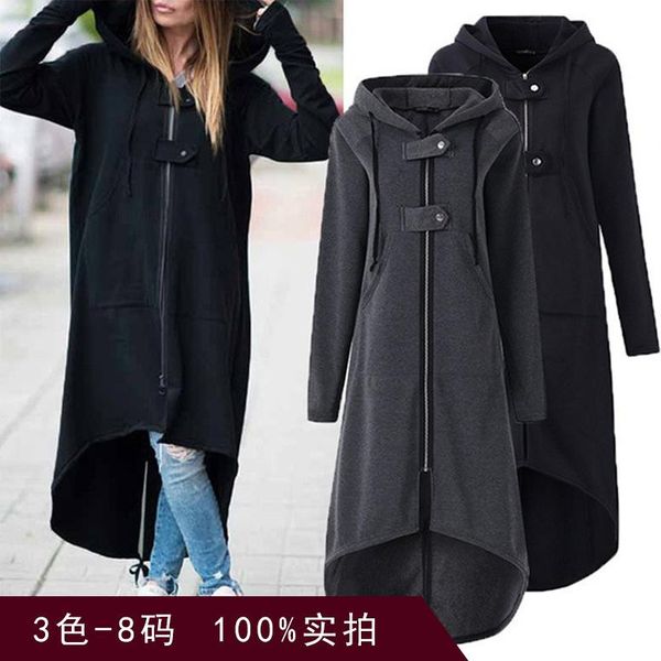 

women's trench coats 2021 fashion trends in autumn and winter hooded asymmetric long sleeve zipper buttons sweater coat women, Tan;black