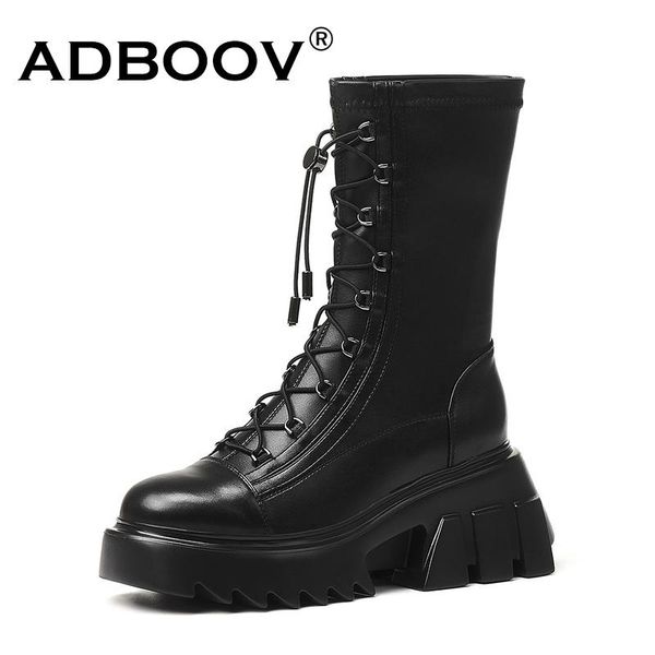 

boots adboov leather chunky women mid calf fashion mtotorcycle ladies, Black