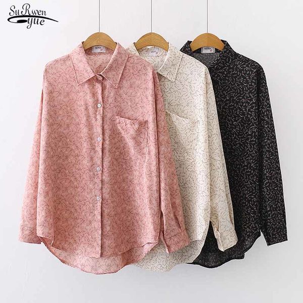 

long sleeve chiffon floral blouse casual autumn korean style women print lapel cardigan single pocket shirts blusas 11330 210508, White