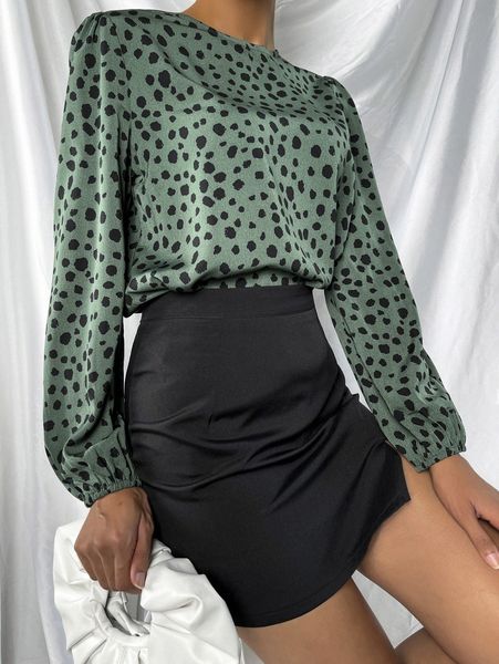 

dalmatian print lantern sleeve blouse k0hn#, White