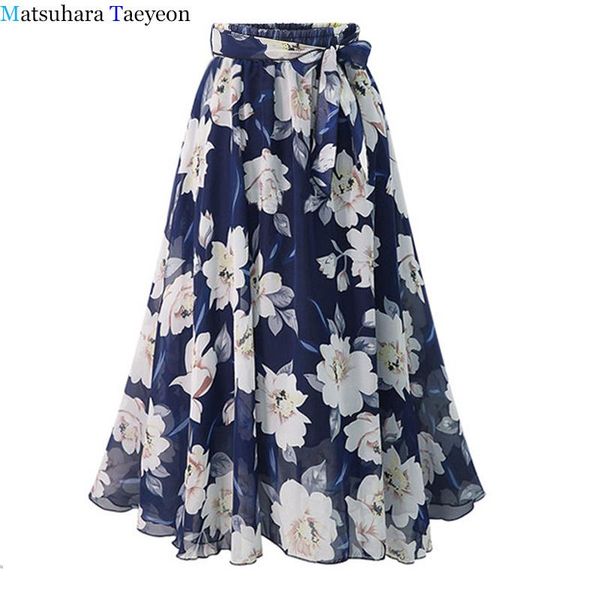 

skirts plus size women long skirt leisure wind chiffon big code fashion bow a-line summer print floral, Black