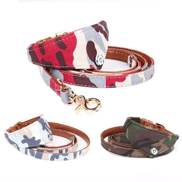 

dog collars & leashes camouflage pets dog/cat collar pu leather bowknot small medium dogs necklace bandana pet cats set