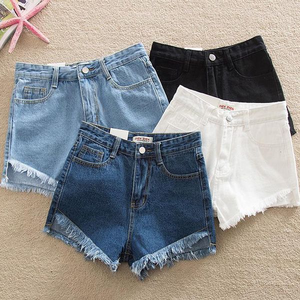 

ripped fashion blue white women short solid color denim girls casual pockets zipper female jeans, White;black