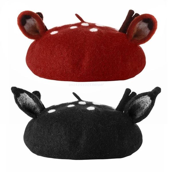 

beanies women girls christmas beret cute 3d reindeer antler ears faux felt painter student winter warm animal mushroom hat dropship