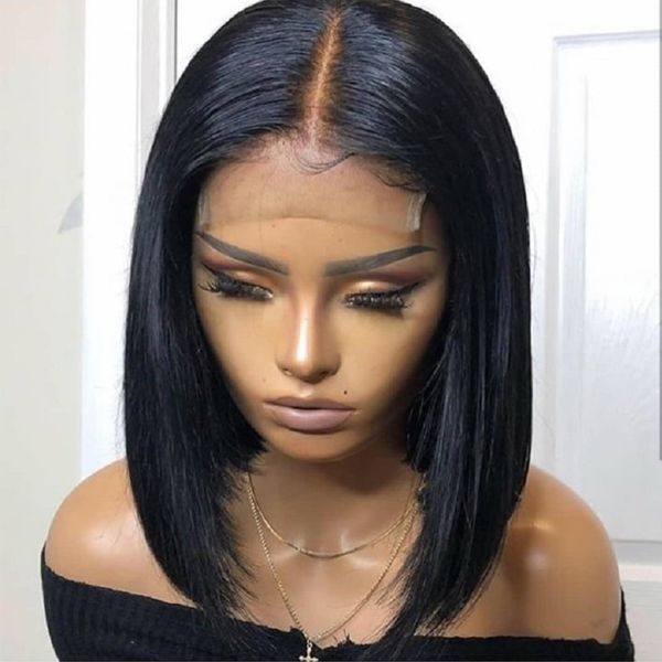 

9a middle part human hair bob cut 4x4 lace closure wigs pre plucked with baby hair silky straight peruvian virgin short wig for black women, Black;brown