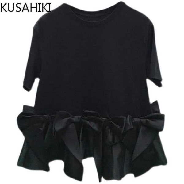 

short sleeve women t shirts spring summer sweet bowknot patchwork graphic tees causal o-neck korean 6f938 210603, White