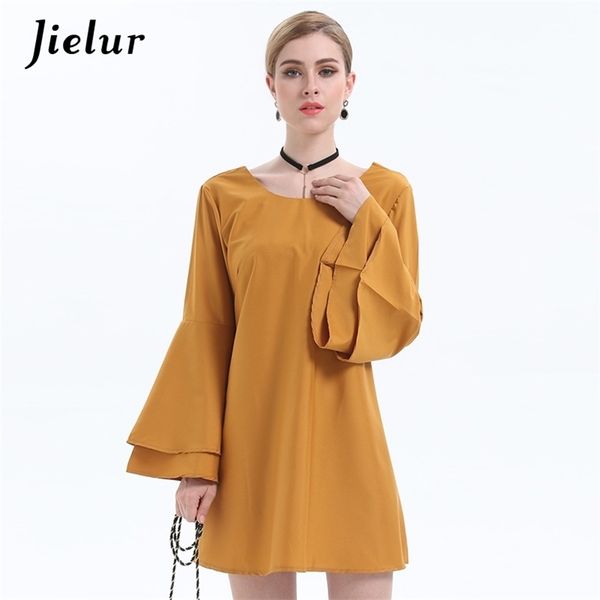 

europe summer long-sleeved women dresses butterfly sleeve pure color loose female vestidos elegant yellow dress s-xl 210426, Black;gray