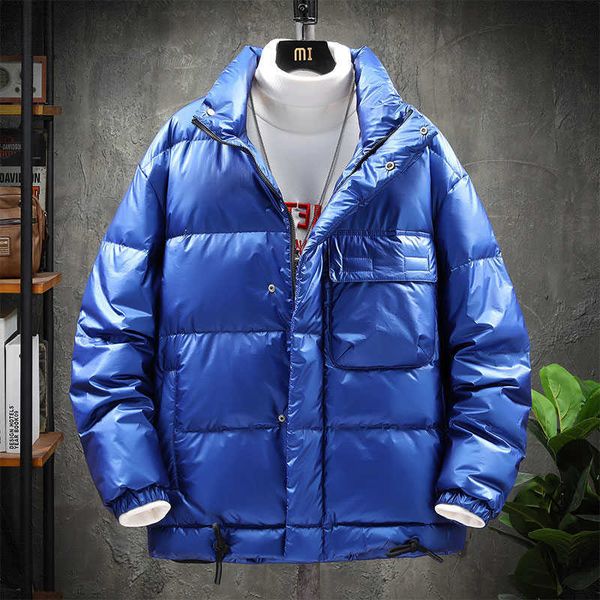 

2021 winter new men's 90 white duck down jacket warm monochrome stand collar bright casual coat, Black