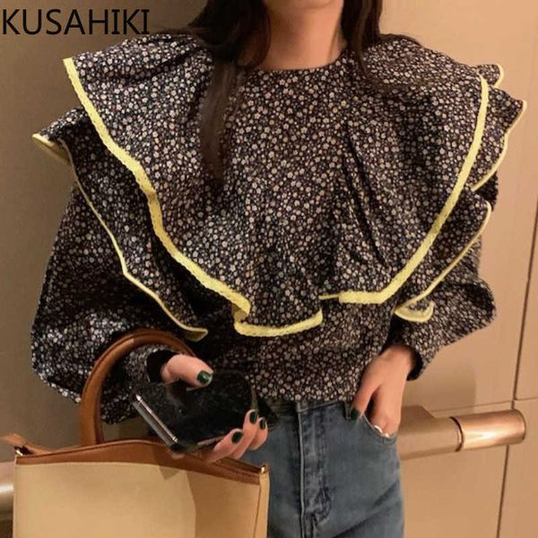 

kusahiki spring korean floral women blouses causal ruffle hit color patchwork blusas femme puff sleeve shirt 6e655 210602, White