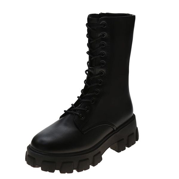 

boots autumn female british mid-tube korean fashion lace-up zipper round toe leather women shoes, Black