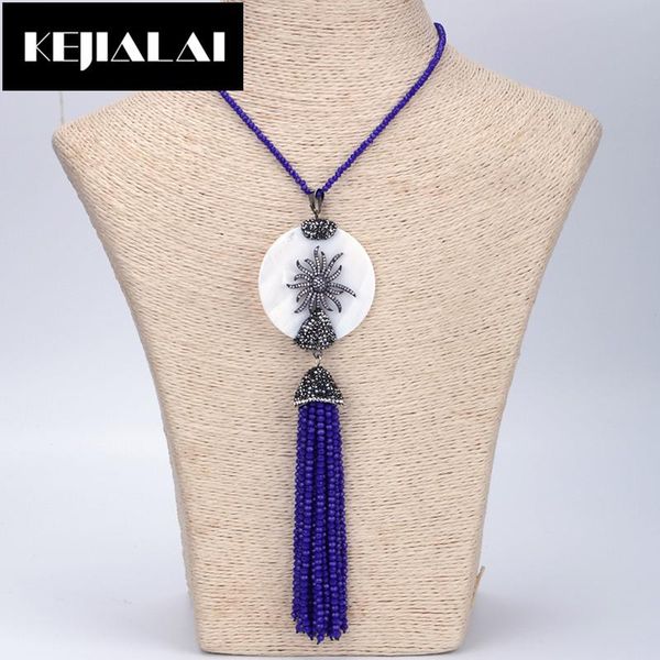 

pendant necklaces kejialai blue glass crystal beads tassel necklace shell pearl round shape charm paved with rhinestone sun chain, Silver