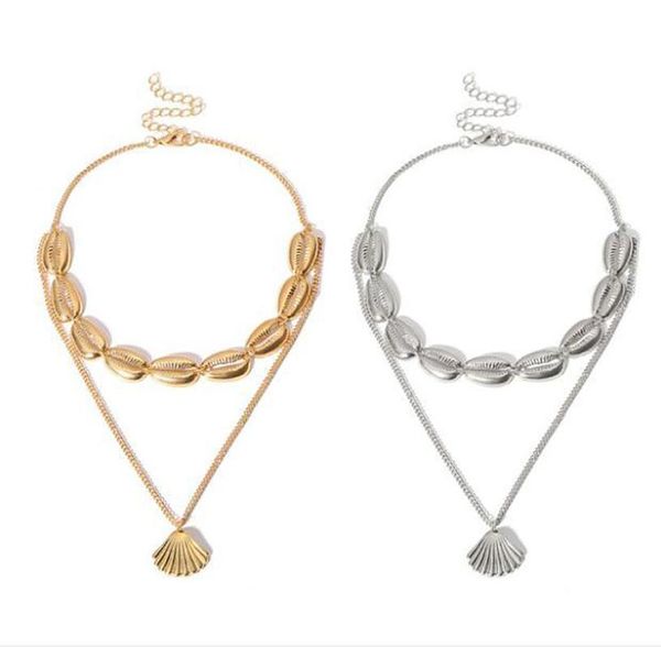 

european and american fashion ethnic style women necklace alloy shell scallop pendant wild metal double layer jewelry necklaces, Silver
