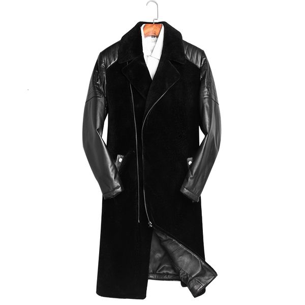 

ayunsue sheep shearling fur genuine leather jacket men winter warm slim coat fashion wool jackets overcoat 16019 zl378, Black