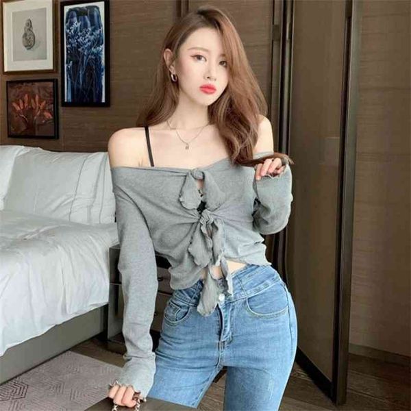 

fashion temperament spring women's bowknot lace-up slim and thin slash neck t-shirt c692 210506, White