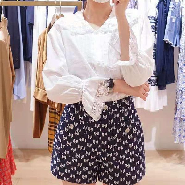 

women's shorts women pants 2021 early autumn bow printed high waist zipper button pockets slim blue short, White;black