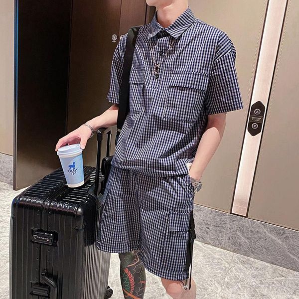 

men's tracksuits fashion suit 2021 summer style cotton short-sleeved plaid text printed half-sleeved shirt shorts two-piece -3xl, Gray