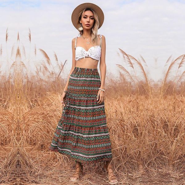 

skirts littlehousegirl2021 summer women's ethnic style printed lace-up waist split skirt ladies fashion -selling luxury quality, Black