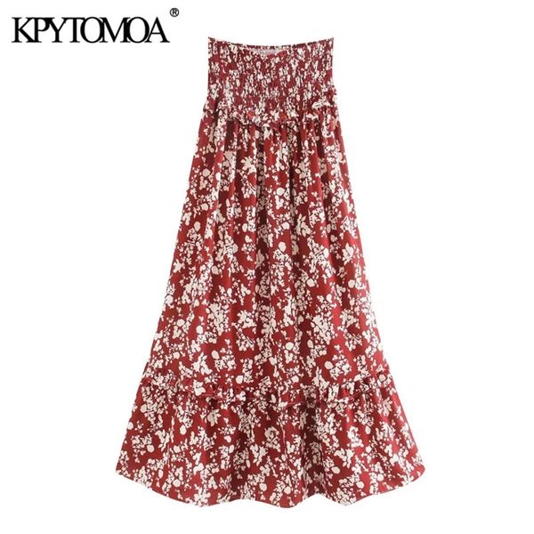 

women chic fashion floral print ruffled maxi skirt vintage high elastic waist smocked female skirts faldas mujer 210420, Black