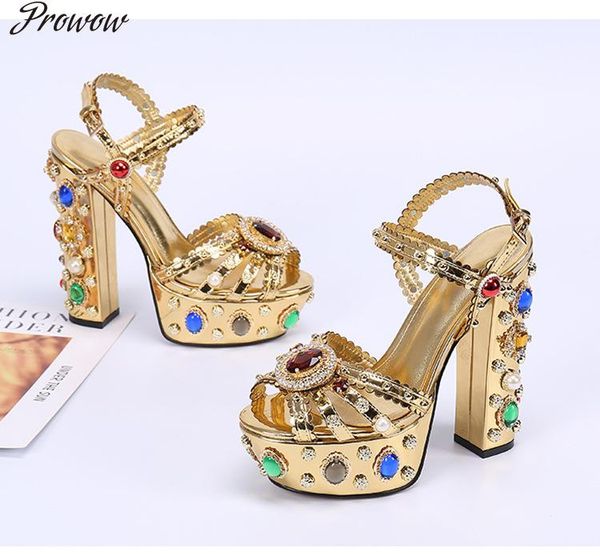 

dress shoes prowow metallic leather diamond jewel emblishment summer sandals platform chunky heel women, Black