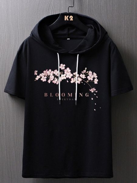 

men sakura and letter graphic hooded tee 40lg#, White;black